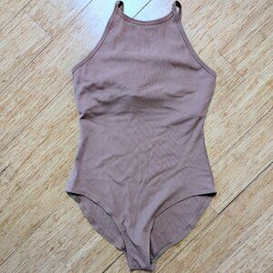 Girlfriend Collective Tan Ribbed Bodysuit, Sz M